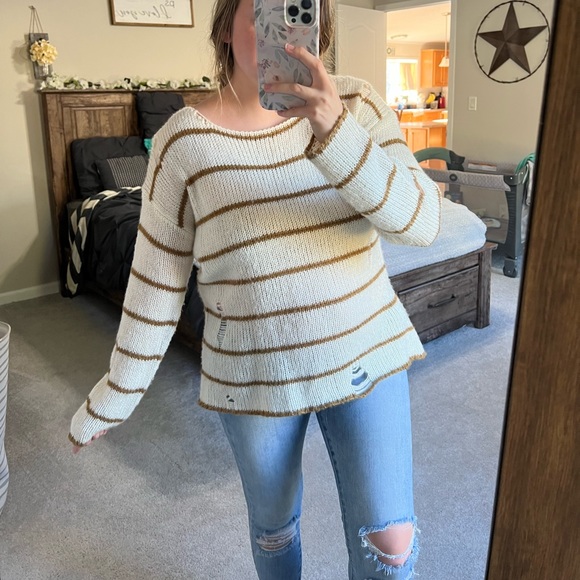 Distressed White & Brown Striped Sweater - Picture 3 of 8